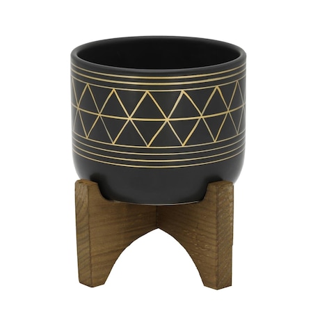 CT044EBKGD Black  Gold Geo Planter On Wood Stand